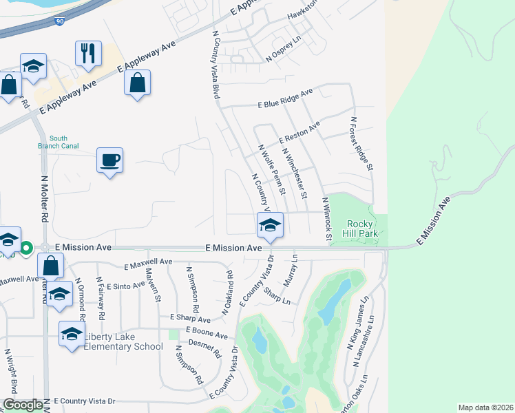 map of restaurants, bars, coffee shops, grocery stores, and more near 1780 North Oakland Road in Liberty Lake