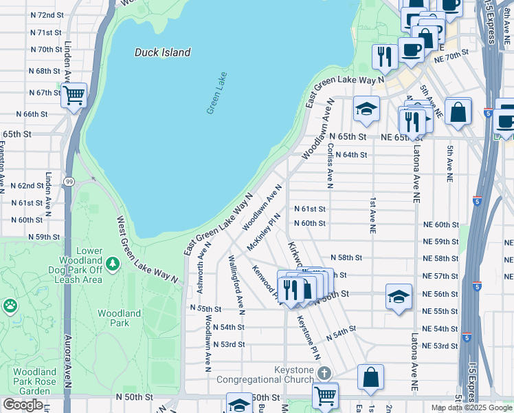 map of restaurants, bars, coffee shops, grocery stores, and more near 5859 Woodlawn Avenue North in Seattle