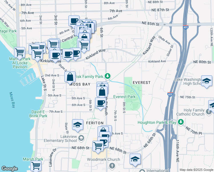 map of restaurants, bars, coffee shops, grocery stores, and more near 416 6th Street South in Kirkland
