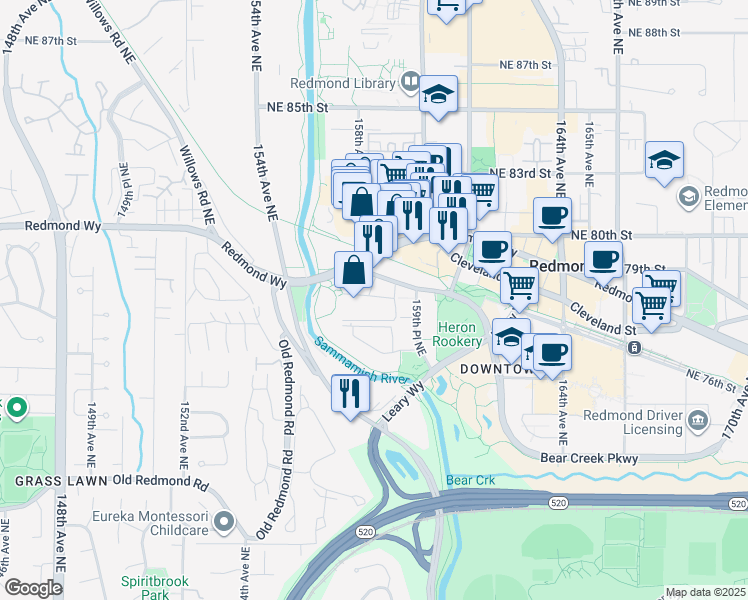 map of restaurants, bars, coffee shops, grocery stores, and more near 15791 Bear Creek Parkway in Redmond