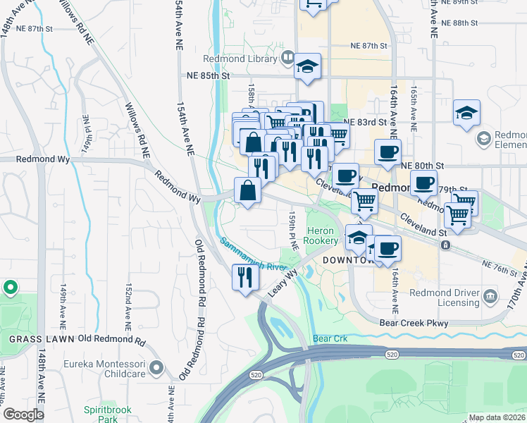 map of restaurants, bars, coffee shops, grocery stores, and more near 15803 Bear Creek Parkway in Redmond