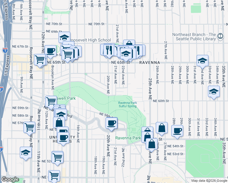 map of restaurants, bars, coffee shops, grocery stores, and more near 6111 21st Avenue Northeast in Seattle