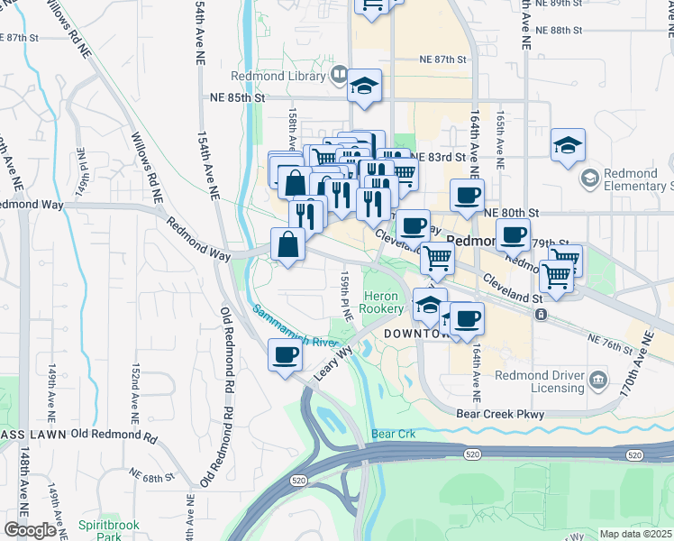 map of restaurants, bars, coffee shops, grocery stores, and more near 7661 159th Place Northeast in Redmond