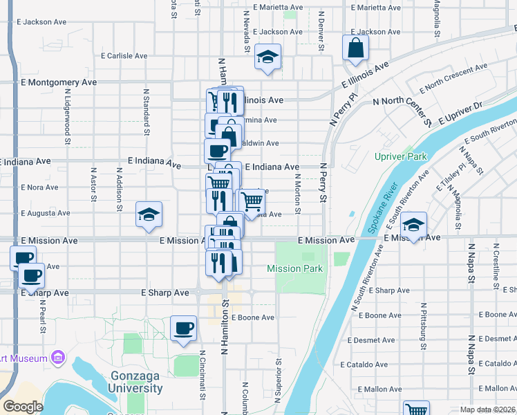 map of restaurants, bars, coffee shops, grocery stores, and more near 947 East Augusta Avenue in Spokane