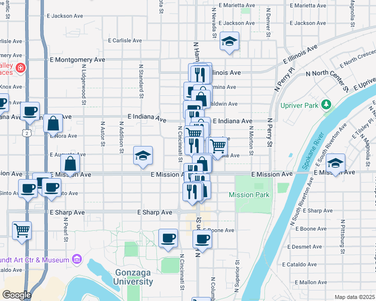 map of restaurants, bars, coffee shops, grocery stores, and more near 813 East Augusta Avenue in Spokane