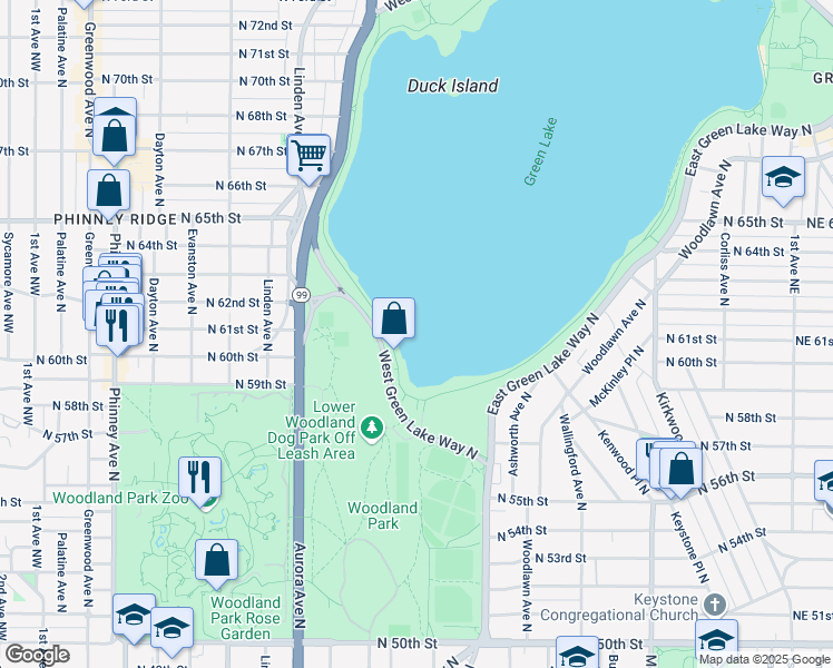 map of restaurants, bars, coffee shops, grocery stores, and more near 5000 Green Lake Trail in Seattle