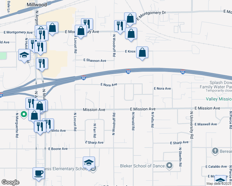 map of restaurants, bars, coffee shops, grocery stores, and more near 1712 North Woodruff Road in Spokane Valley