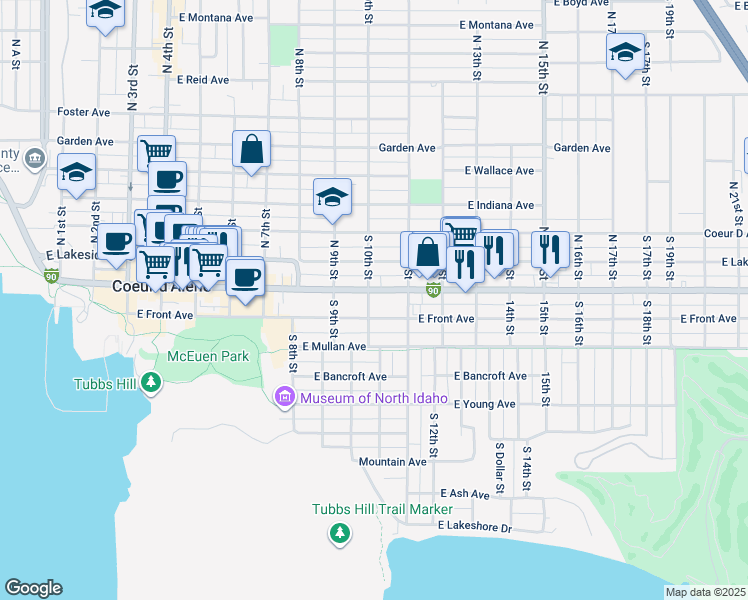 map of restaurants, bars, coffee shops, grocery stores, and more near 1006 Sherman Avenue in Coeur d'Alene