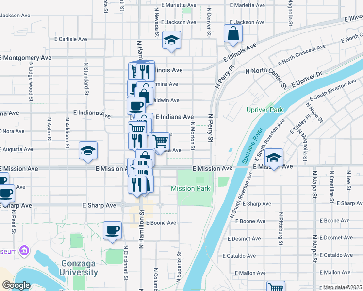 map of restaurants, bars, coffee shops, grocery stores, and more near 1101 East Augusta Avenue in Spokane