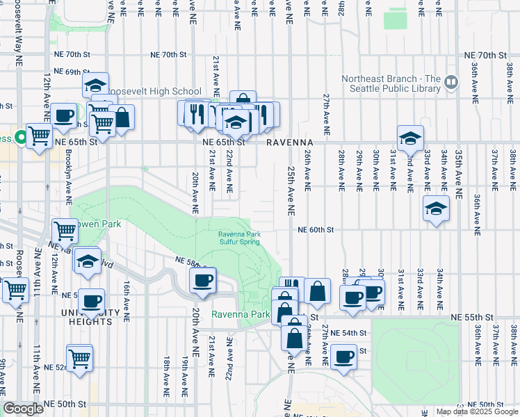 map of restaurants, bars, coffee shops, grocery stores, and more near 2278 Northeast 61st Street in Seattle