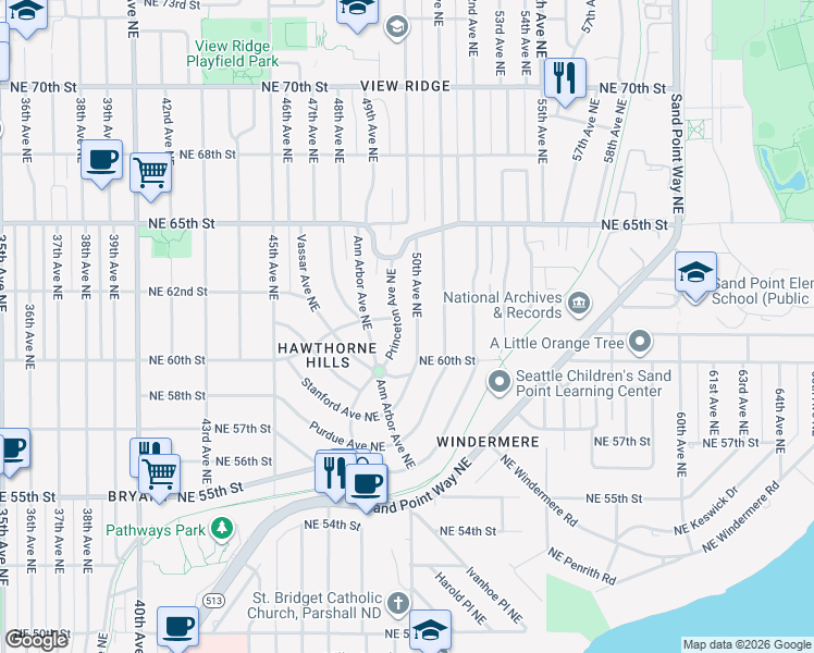 map of restaurants, bars, coffee shops, grocery stores, and more near 5840 Princeton Avenue Northeast in Seattle