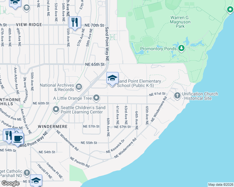 map of restaurants, bars, coffee shops, grocery stores, and more near 6026 Northeast 61st Street in Seattle