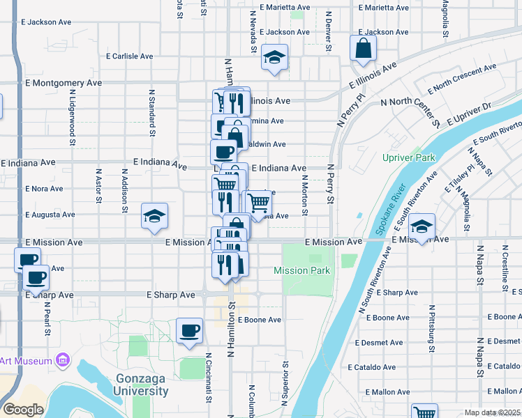 map of restaurants, bars, coffee shops, grocery stores, and more near 947 East Augusta Avenue in Spokane