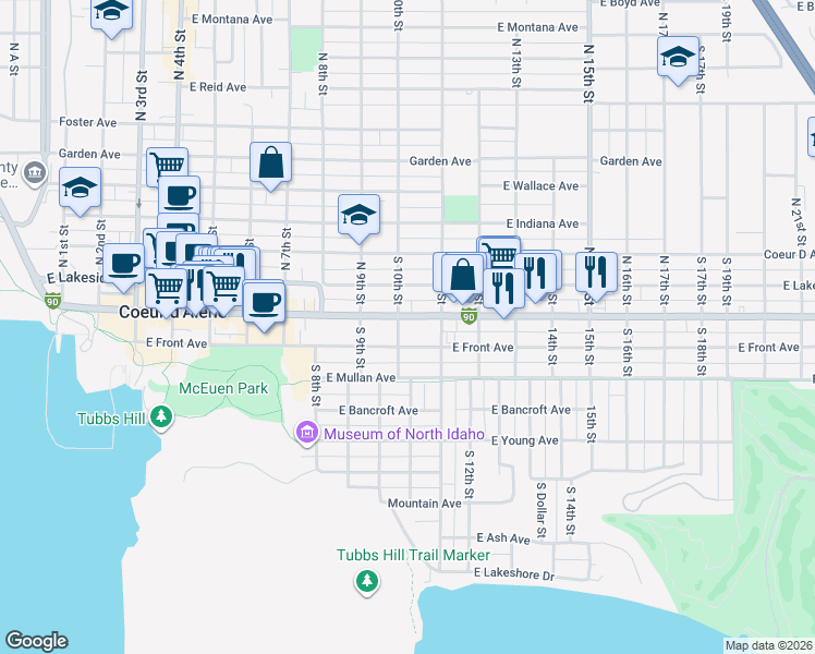 map of restaurants, bars, coffee shops, grocery stores, and more near 1006 Sherman Avenue in Coeur d'Alene