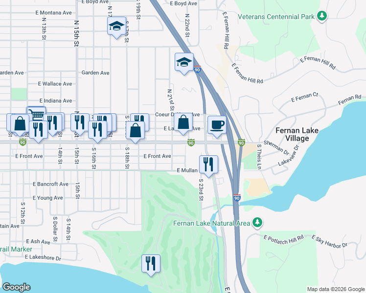 map of restaurants, bars, coffee shops, grocery stores, and more near 3 South 22nd Street in Coeur d'Alene