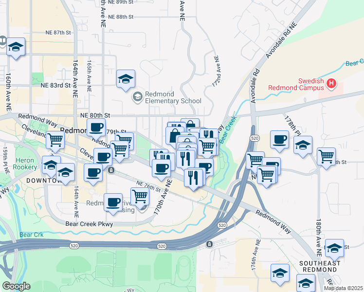 map of restaurants, bars, coffee shops, grocery stores, and more near 17092 Avondale Way in Redmond