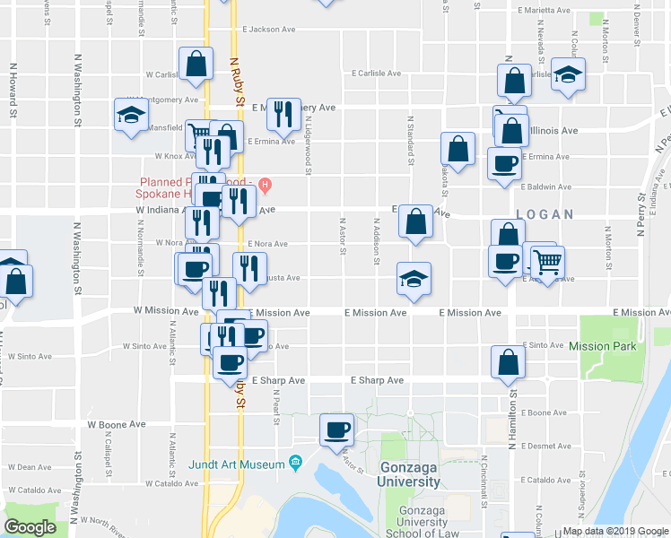 map of restaurants, bars, coffee shops, grocery stores, and more near 327 East Augusta Avenue in Spokane
