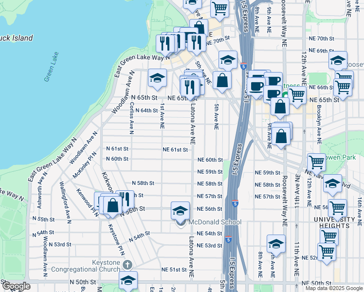 map of restaurants, bars, coffee shops, grocery stores, and more near 138 Northeast 61st Street in Seattle