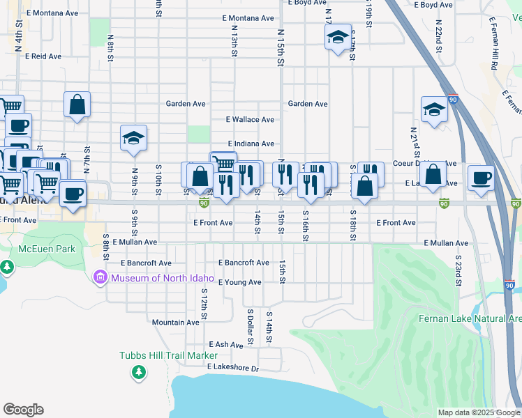 map of restaurants, bars, coffee shops, grocery stores, and more near 1400 Sherman Avenue in Coeur d'Alene