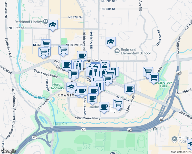 map of restaurants, bars, coffee shops, grocery stores, and more near in Redmond