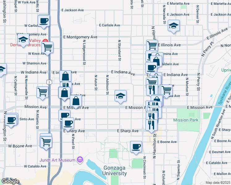 map of restaurants, bars, coffee shops, grocery stores, and more near 521 East Augusta Avenue in Spokane