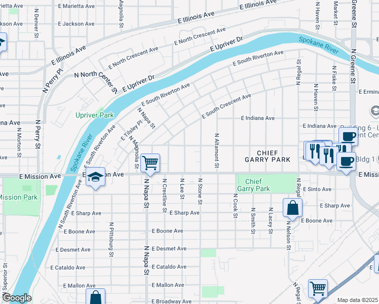 map of restaurants, bars, coffee shops, grocery stores, and more near 1612 North Lee Street in Spokane