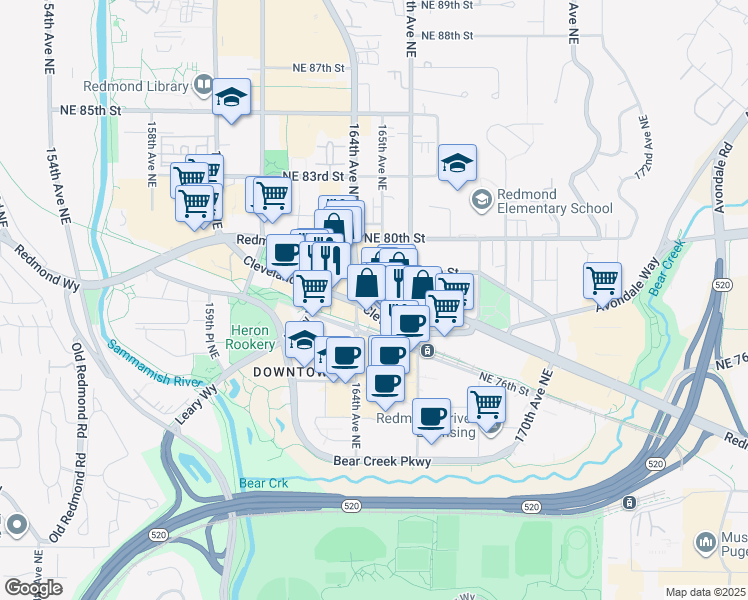 map of restaurants, bars, coffee shops, grocery stores, and more near 16502 Cleveland Street in Redmond