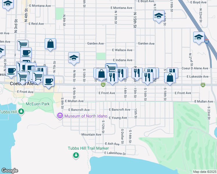 map of restaurants, bars, coffee shops, grocery stores, and more near 1204 East Sherman Avenue in Coeur d'Alene