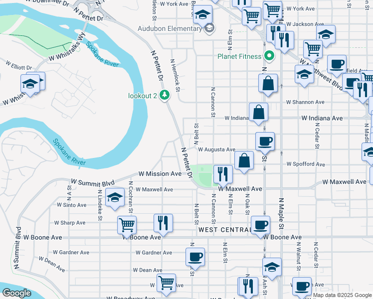 map of restaurants, bars, coffee shops, grocery stores, and more near in Spokane