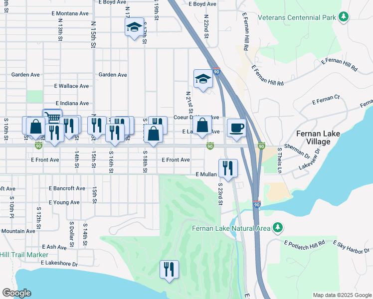 map of restaurants, bars, coffee shops, grocery stores, and more near 2018 East Sherman Avenue in Coeur d'Alene
