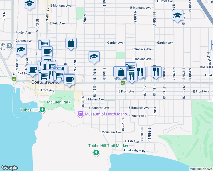 map of restaurants, bars, coffee shops, grocery stores, and more near 1006 Sherman Avenue in Coeur d'Alene