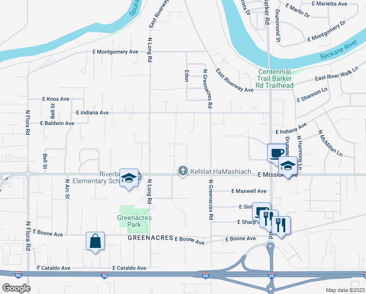 map of restaurants, bars, coffee shops, grocery stores, and more near 1714 North Arties Road in Spokane Valley