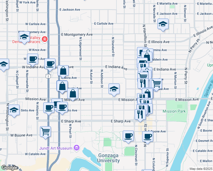 map of restaurants, bars, coffee shops, grocery stores, and more near 521 East Augusta Avenue in Spokane