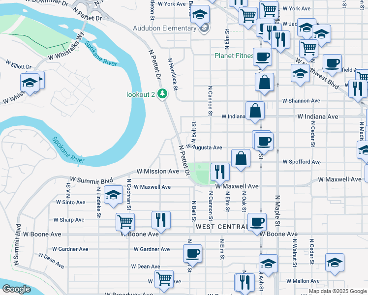 map of restaurants, bars, coffee shops, grocery stores, and more near 1603 North Belt Street in Spokane