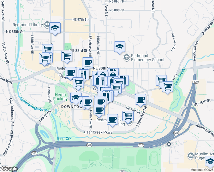 map of restaurants, bars, coffee shops, grocery stores, and more near in Redmond
