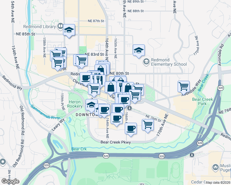 map of restaurants, bars, coffee shops, grocery stores, and more near 16421 Redmond Way in Redmond