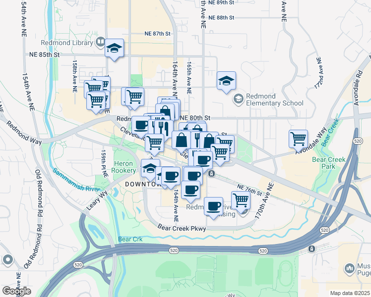 map of restaurants, bars, coffee shops, grocery stores, and more near 16421 Redmond Way in Redmond