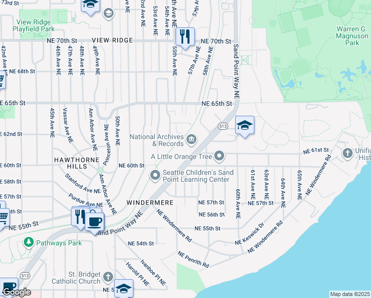 map of restaurants, bars, coffee shops, grocery stores, and more near 6125 Sand Point Way Northeast in Seattle