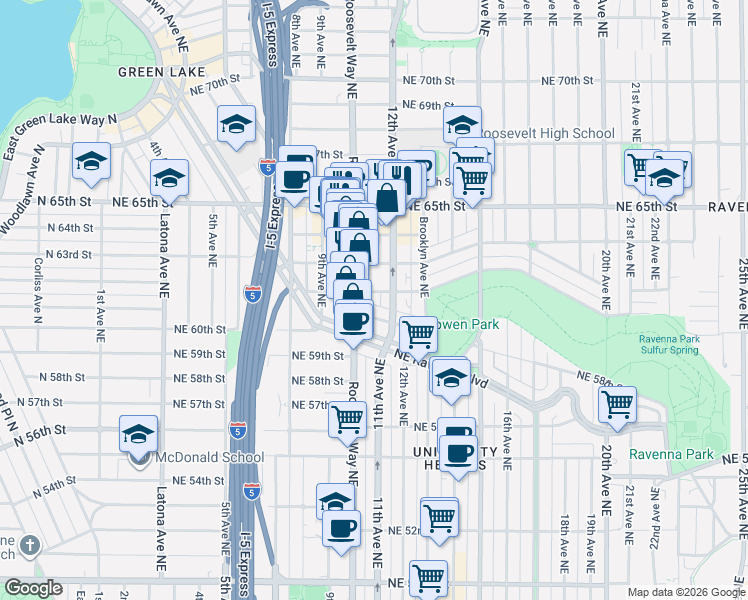 map of restaurants, bars, coffee shops, grocery stores, and more near 6117 12th Avenue Northeast in Seattle