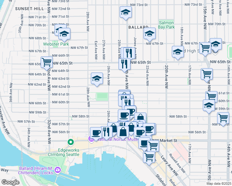map of restaurants, bars, coffee shops, grocery stores, and more near 2443 Northwest 61st Street in Seattle