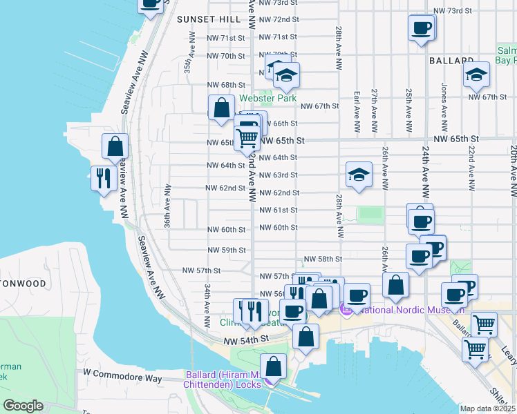 map of restaurants, bars, coffee shops, grocery stores, and more near 6103 32nd Avenue Northwest in Seattle