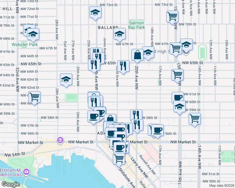 map of restaurants, bars, coffee shops, grocery stores, and more near Northwest 61st Street in Seattle