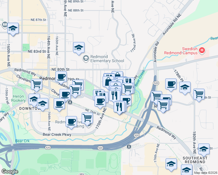 map of restaurants, bars, coffee shops, grocery stores, and more near 17020 Avondale Way in Redmond