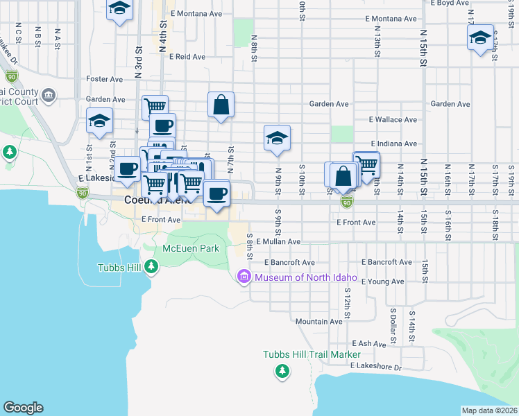 map of restaurants, bars, coffee shops, grocery stores, and more near 810 East Sherman Avenue in Coeur d'Alene
