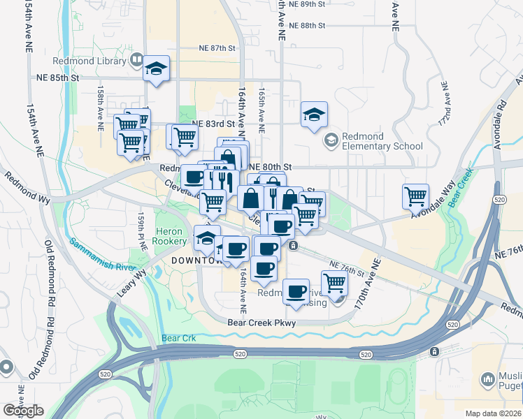 map of restaurants, bars, coffee shops, grocery stores, and more near 16505 Redmond Way in Redmond