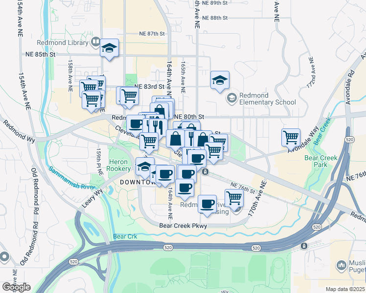 map of restaurants, bars, coffee shops, grocery stores, and more near 16505 Redmond Way in Redmond