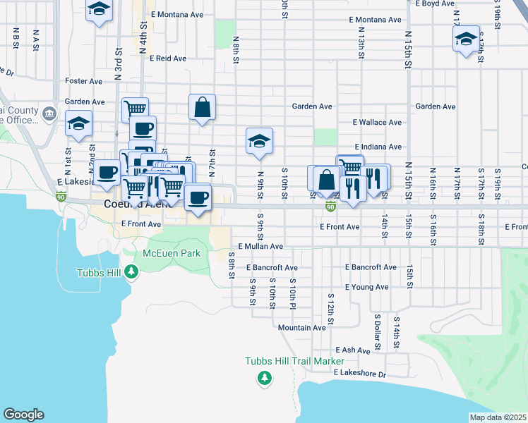 map of restaurants, bars, coffee shops, grocery stores, and more near 104 South 9th Street in Coeur d'Alene