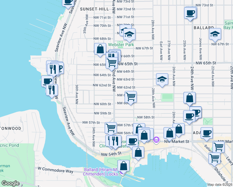 map of restaurants, bars, coffee shops, grocery stores, and more near 6103 32nd Avenue Northwest in Seattle