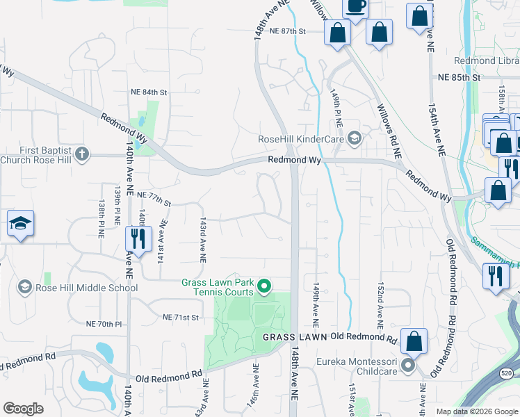 map of restaurants, bars, coffee shops, grocery stores, and more near 7605 146th Avenue Northeast in Redmond
