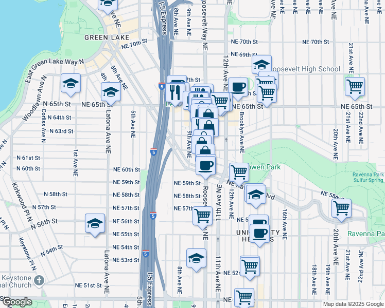 map of restaurants, bars, coffee shops, grocery stores, and more near 842 Northeast Ravenna Boulevard in Seattle
